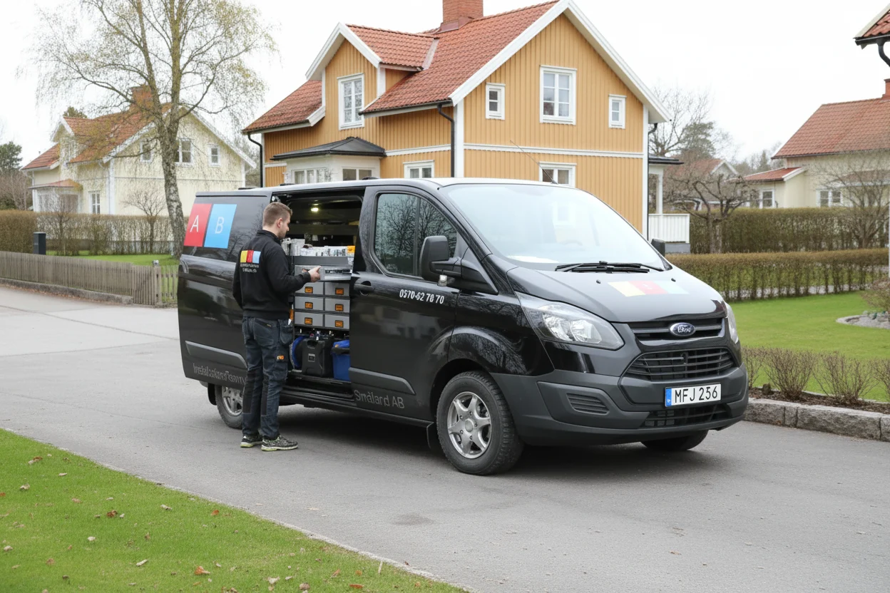 En elektriker arbetar vid en öppen skåpbil fylld med verktyg på en förortsgata i Smålandsstenar, med hus i bakgrunden.